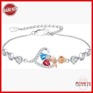 925 Sterling Silver Adjustable Birthstone Bracelet Heart Rose Charm Gift